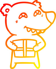 warm gradient line drawing cartoon bear with present