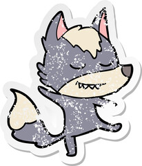 distressed sticker of a friendly cartoon wolf balancing
