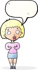 cartoon woman making Who Me? gesture with speech bubble
