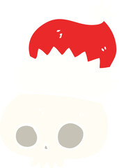 flat color illustration of a cartoon skull wearing christmas hat