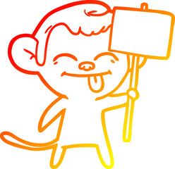 warm gradient line drawing funny cartoon monkey with placard