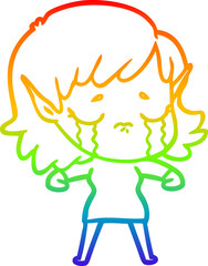 rainbow gradient line drawing cartoon crying elf girl