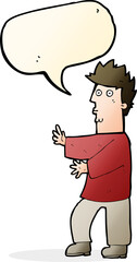 cartoon nervous man waving with speech bubble