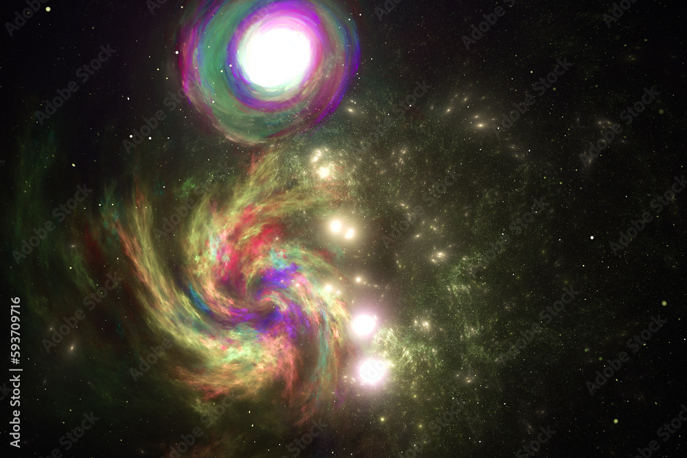Wall mural multicolored glowing clouds of stardust in black space. abstract fractal 3d rendering