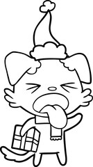 line drawing of a disgusted dog with christmas gift wearing santa hat