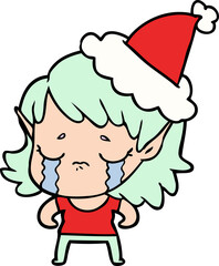 line drawing of a crying elf girl wearing santa hat