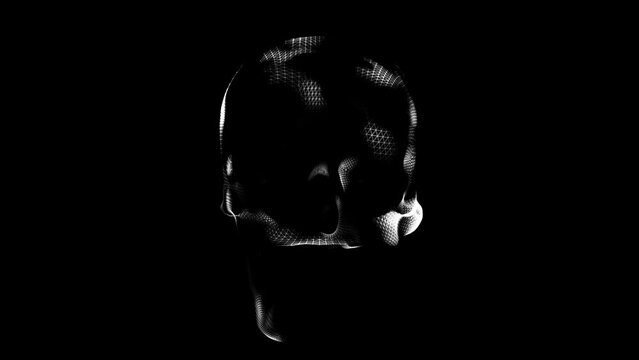 A human skull with white flashes on a black background. Skull scanning. A symbol of danger. Tomography of the brain. Pain in the skull. 3D animation