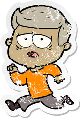 distressed sticker of a cartoon tired man