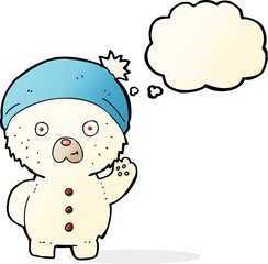 cartoon waving polar teddy bear in winter hat with thought bubble