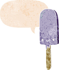 cartoon ice lolly and speech bubble in retro textured style