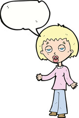 cartoon tired woman with speech bubble
