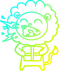 cold gradient line drawing cartoon roaring lion with gift