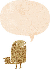 cartoon bird and speech bubble in retro textured style