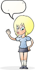 cartoon pretty woman waving with speech bubble