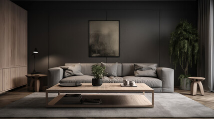 Fototapeta na wymiar Modern interior design of living room with grey sofa and wooden coffee table