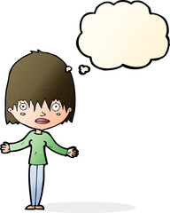 cartoon woman shrugging shoulders with thought bubble