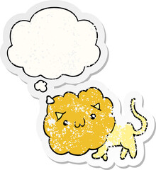 cartoon lion and thought bubble as a distressed worn sticker