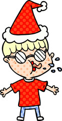comic book style illustration of a boy wearing spectacles wearing santa hat
