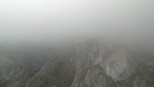 foggy day aerial landscape shot in Rochers de Naye Swiss mountains