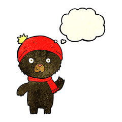 cartoon waving black bear with thought bubble