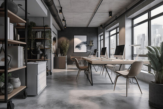 Office interior, office desk photos, front office photos, creative office, modern office design, office wall design, office workspace design photos, images, and pictures. AI generative technology