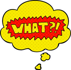 cartoon word What?! and thought bubble in comic book style
