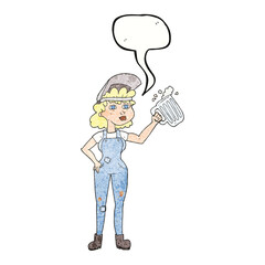 speech bubble textured cartoon hard working woman with beer