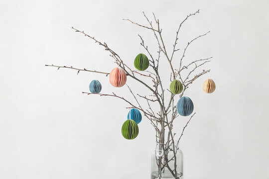 Decorative ornaments made of paper hung on twigs.