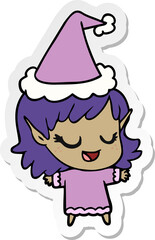 happy sticker cartoon of a elf girl wearing santa hat