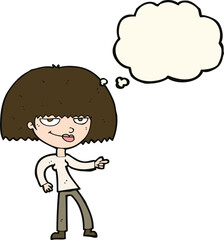 cartoon happy woman pointing with thought bubble