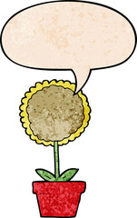 cute cartoon flower and speech bubble in retro texture style
