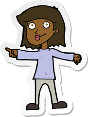 sticker of a cartoon happy woman pointing