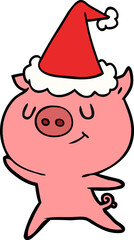 happy line drawing of a pig wearing santa hat
