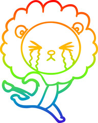 rainbow gradient line drawing cartoon crying lion running away