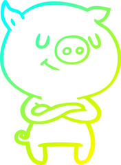cold gradient line drawing happy cartoon pig with crossed arms