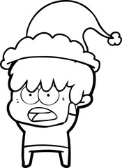worried line drawing of a boy wearing santa hat