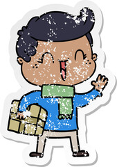 distressed sticker of a cartoon laughing boy