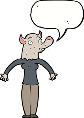cartoon friendly werewolf woman with speech bubble