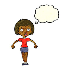 cartoon confused woman shrugging shoulders with thought bubble