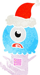 retro cartoon of a cyclops alien spaceman wearing santa hat