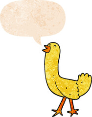 cartoon bird and speech bubble in retro textured style