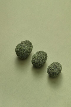 Handmade moss Easter eggs on green background.