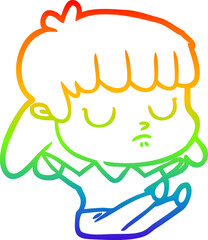 rainbow gradient line drawing cartoon indifferent woman sitting