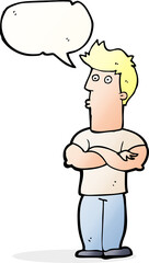 cartoon man with folded arms with speech bubble