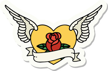 tattoo style sticker of a flying heart with flowers and banner