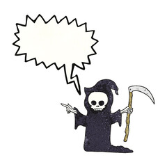 speech bubble textured cartoon death with scythe
