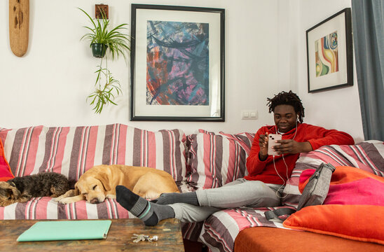 Young guy chills with his dogs 