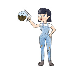 textured cartoon woman in dungarees with coffee