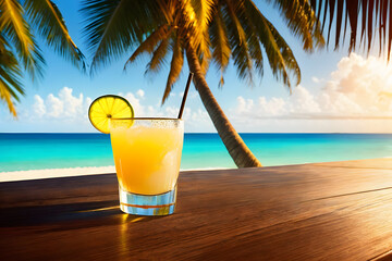 Fototapeta na wymiar A glass of exotic cocktail on a table with the sea, beach and palm trees in the background. Ai generative.