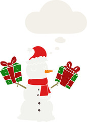 cartoon snowman and thought bubble in retro style
